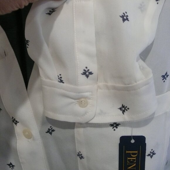 Pendleton Aztec Micro Print Silk Blouse White Blue, New with Tag - Picture 7 of 8